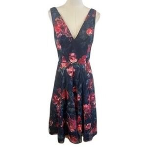 Eliza J Navy Floral Fit and Flare Dress‎ Wedding Guest Party Cocktail Size 10